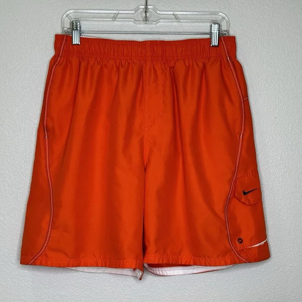 Nike Mens Swim Trunks Large Orange Elastic Drawstring Waist Pockets Mesh Lined